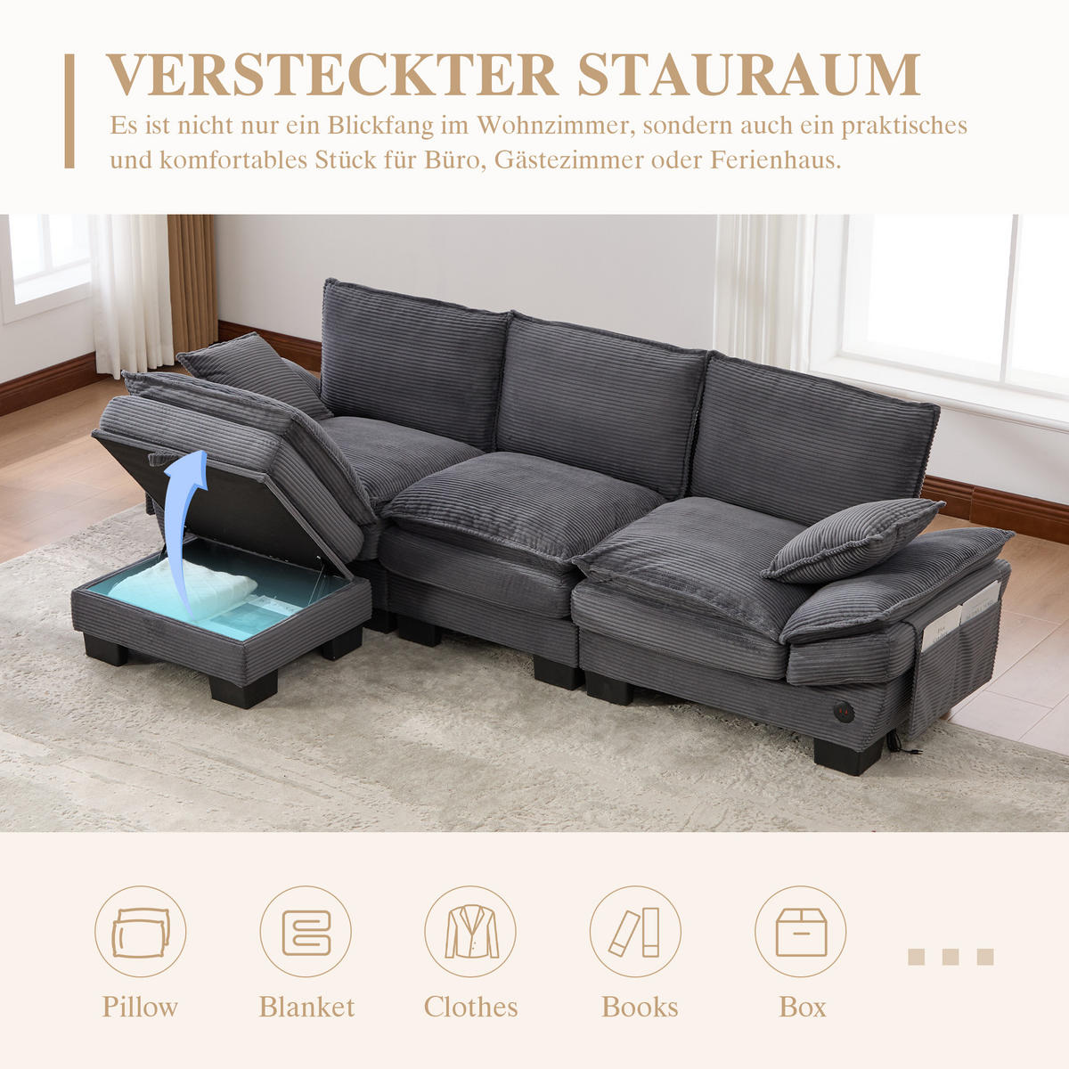 ECKSOFA 260/132/84 cm Dunkelgrau Cord mit 1 Fußhocker, USB-C-Anschluss und Seitentaschen - Dunkelgrau, Textil (260/132cm) - Oxeza