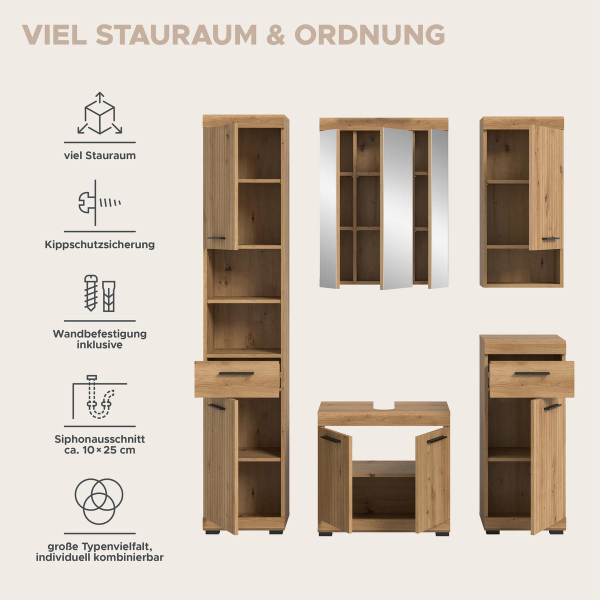 BADEZIMMER Vento (B/H/T: ca. 164/191/34 cm) 5-tlg. in Artisan Eiche /Artisan Eiche - Eiche Artisan, Holz (164/191/34cm)