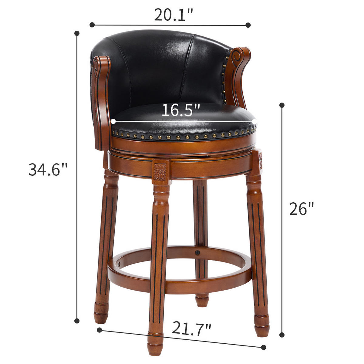 BARHOCKER drehbar Sitzhöhe ca. 66 cm Leder Holz Schwarz - Schwarz, Holz (54.8/96/54.81cm) - Meubliv