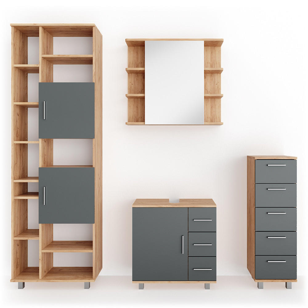 BADMÖBEL-SET Ilias Eiche 4 Teile - Eichefarben/Anthrazit, Holzwerkstoff (60/60/33cm) - Vicco