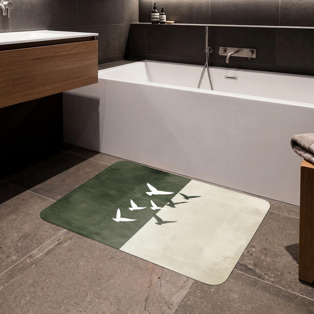 KOUPELNOVÁ PŘEDLOŽKA Japandi - Pták - Zelený 90x60 cm - olivově zelená, textil/plast (90/60cm)