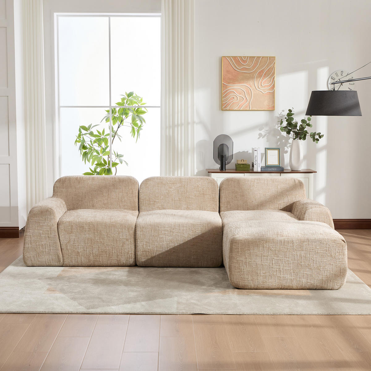 ECKSOFA 269.5/182.5/73 cm Hellkhaki mit beweglicher Fußhocker - Sandfarben, Textil (182.5/269.5cm) - Oxeza