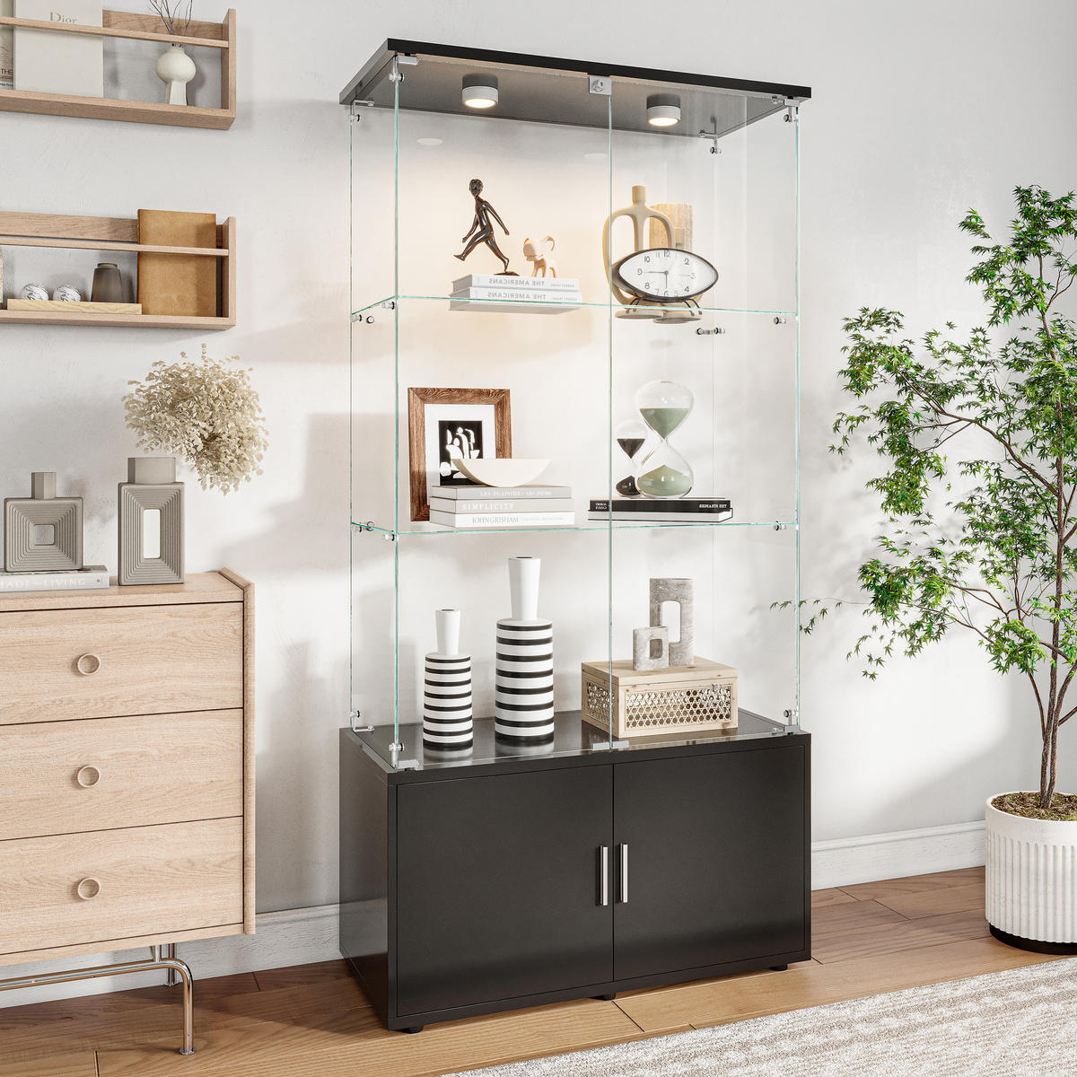 GLASVITRINE 4 Türen 6 Einlegeböden LED Touch schwarz - Schwarz, Holz (78.5/164/35cm) - Fortuna Lai