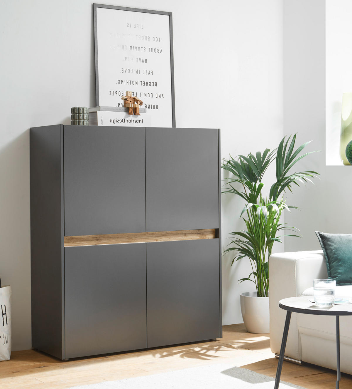 AKTENSCHRANK grau matt, Eiche Wotan 100 x 122 cm, Highboard 4-türig mit viel Stauraum - Eiche Wotan/Schwarz, Holzwerkstoff/Kunststoff (100/122/40cm) - Furn.Design