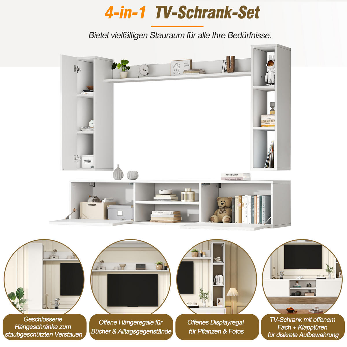 WOHNWAND 4-teilig LED TV-Board Regal Weiß 180cm - Weiß, Holzwerkstoff (180/33.5/35cm) - FLIEKS