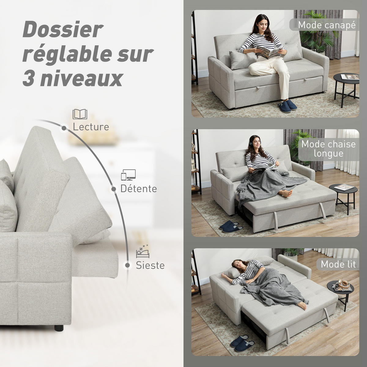 SCHLAFSOFA 2-Sitzer DE-14651 3-in-1 mit 3-fach verstellbarer Lehne Hellbraun - Braun, Textil (158/85/85cm) - ComfortXL