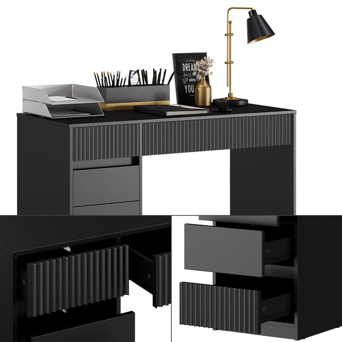 SCHREIBTISCH Omira Schwarz 120 x 55 cm mit 5 Schubladen - Schwarz, Holzwerkstoff (55/120/76cm) - Vicco