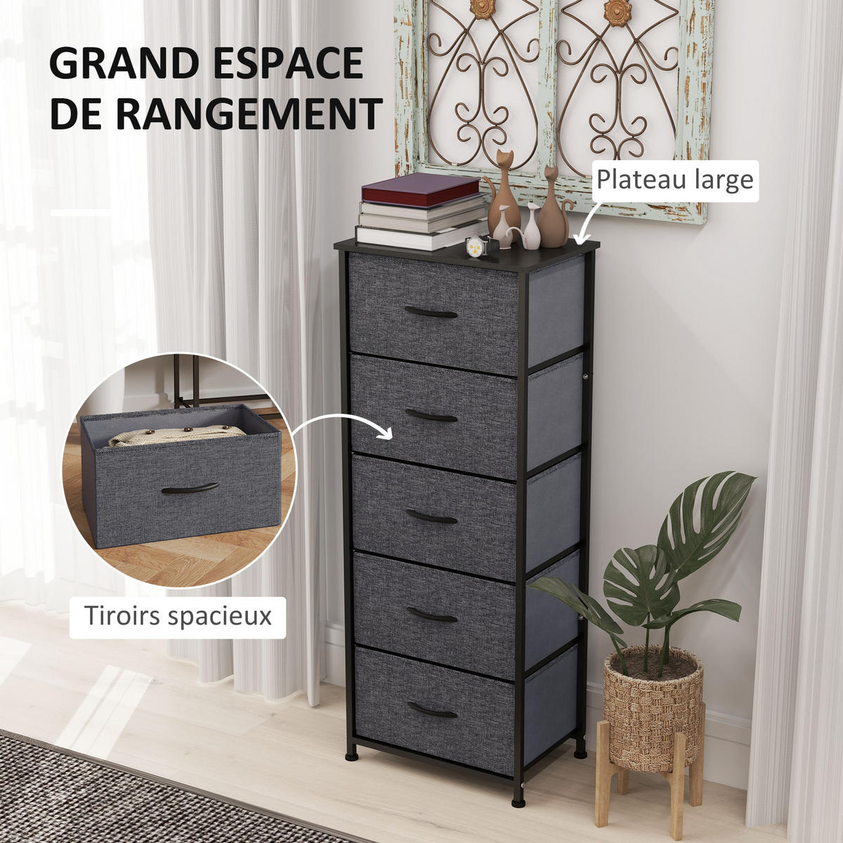 KOMMODE DE-12498 5 Schubladen 45/30/116 cm Dunkelgrau - Dunkelgrau, Metall (45/116/30cm) - ComfortXL