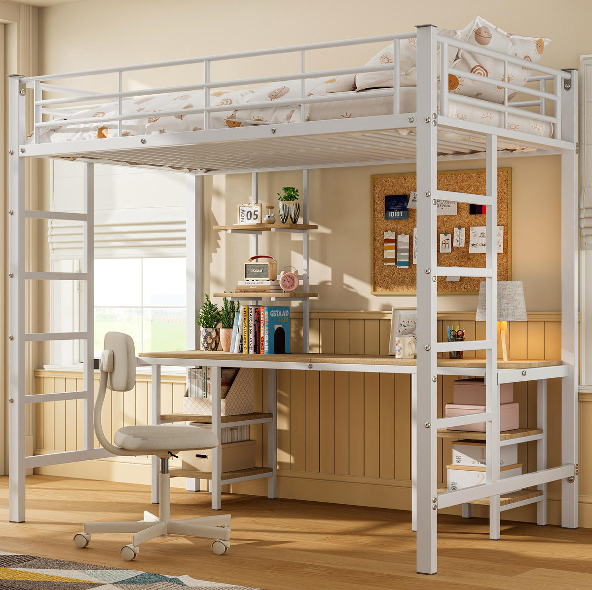 HOCHBETT 90/200 cm aus Metall und MDF mit Schreibtisch und Regalen, Weiß - Weiß, Holzwerkstoff (90/200cm) - Flora Grace