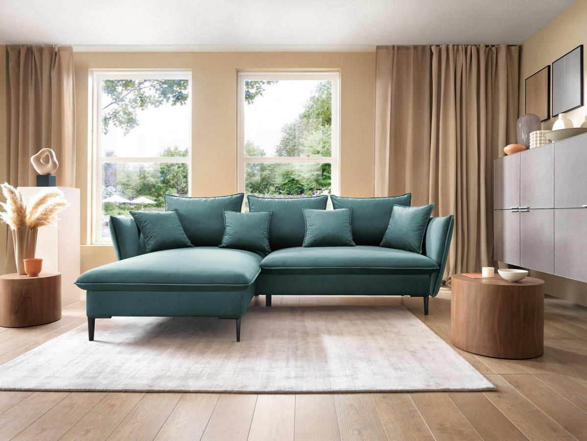 ECKSOFA Flavio mit Schlaffunktion, Bettkasten 260 cm, Links, Türkis - Türkis, Holz (258/167cm) - Emporius