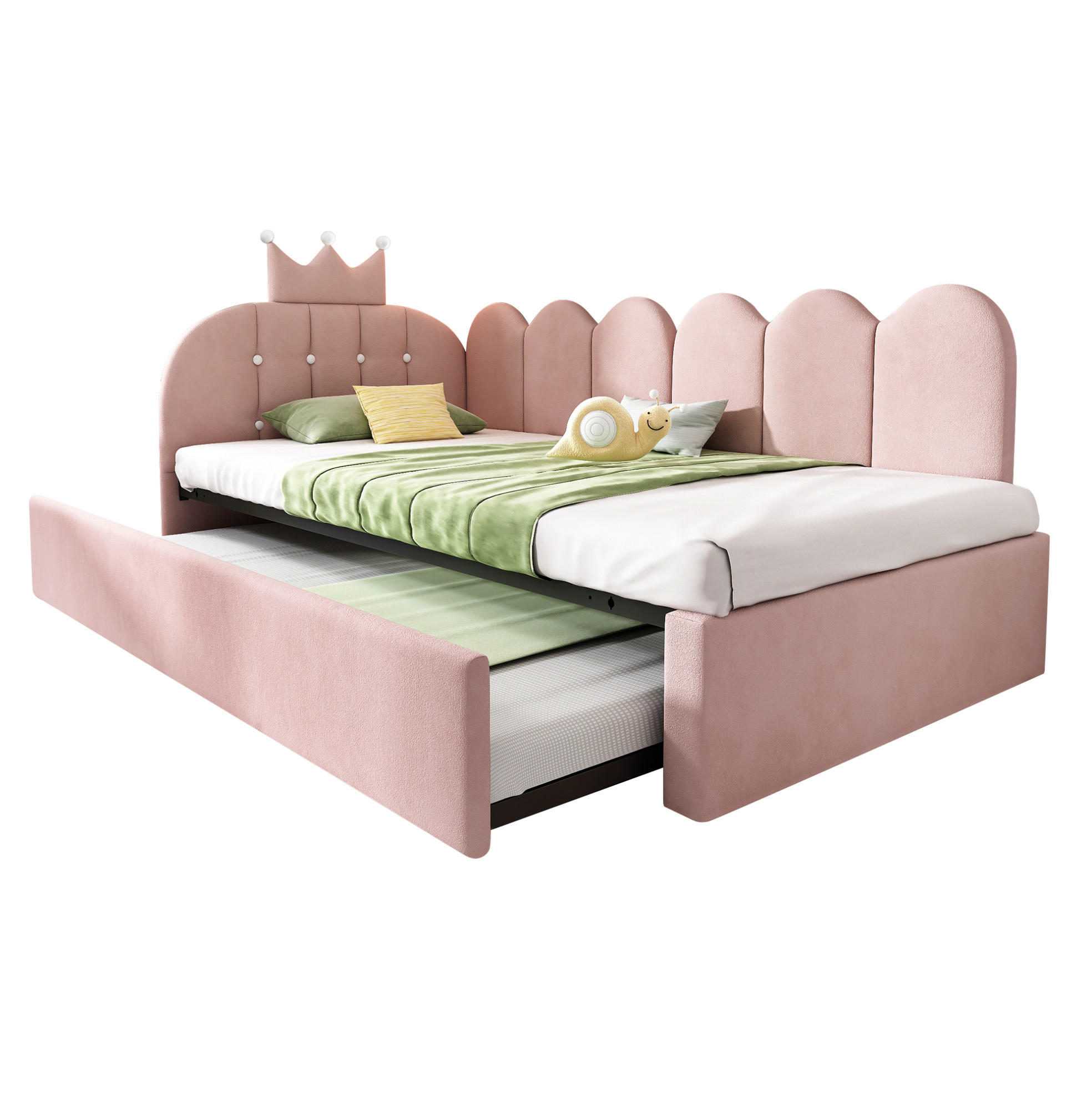 POLSTERBETT aus Samt 90x200 cm Rosa mit Ausziehbett und Kronen-Gitterdesign - Rosa, Textil (90/200cm) - Modfu