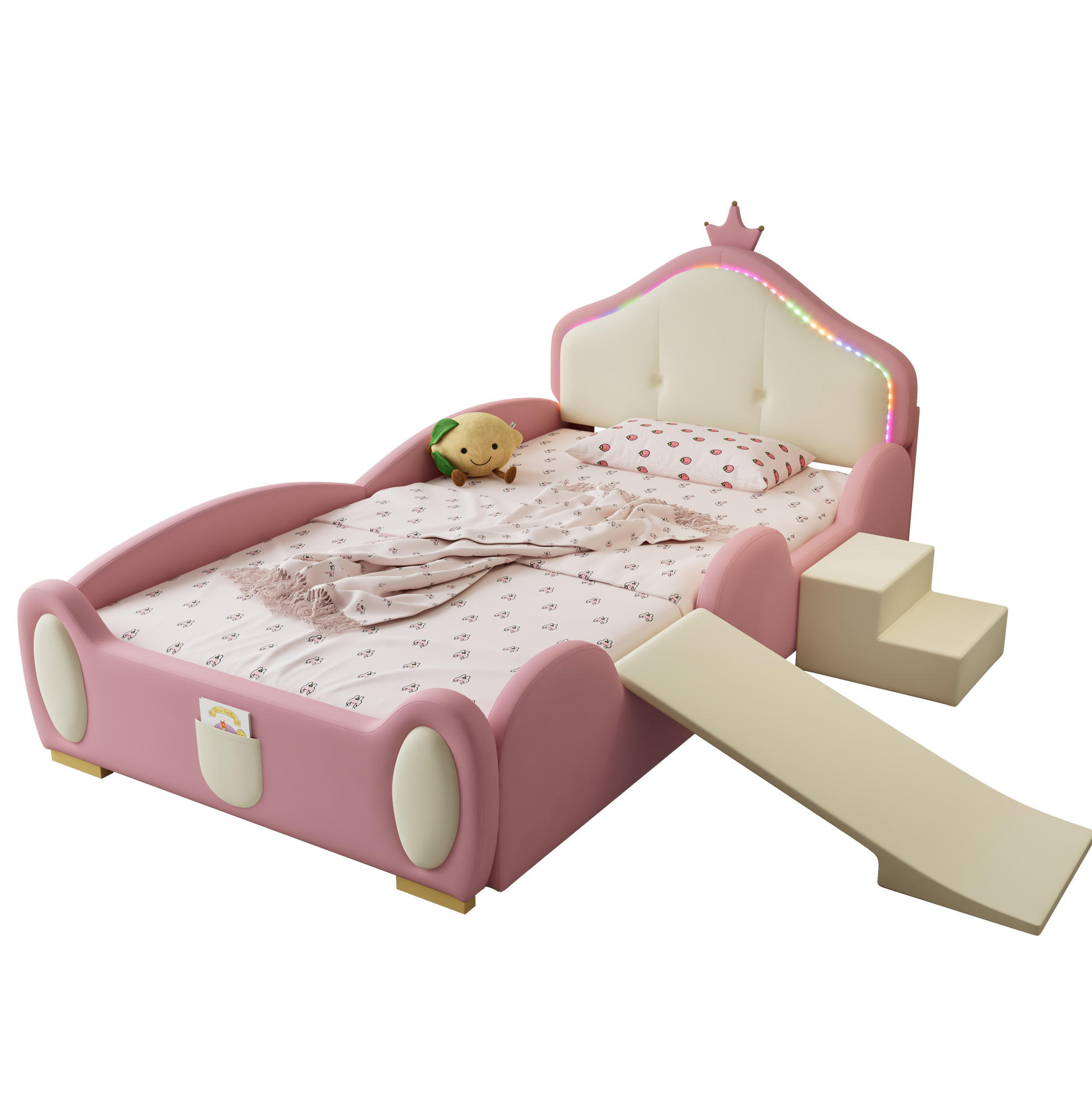 KINDERBETT 90/200 cm mit Rutsche, Treppe und LED – Polsterbett in Rosa/Beige - Rosa, Kunststoff (90/200cm) - BEAOK