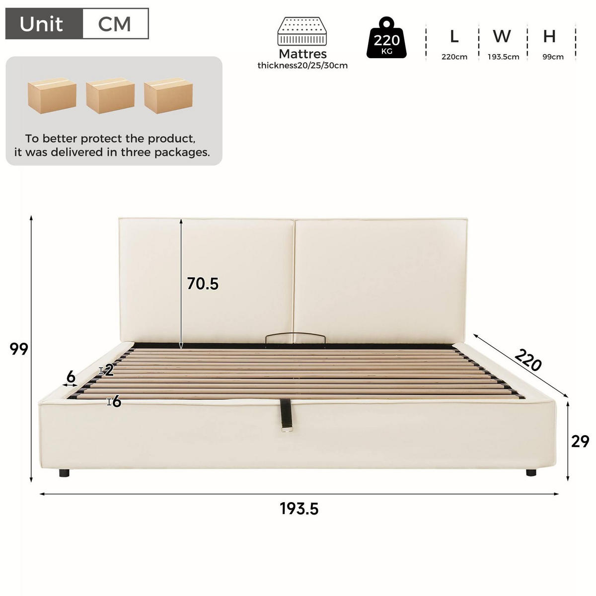 POLSTERBETT aus Leinen 180x200 cm Beige mit hydraulischem Bettkasten und Lattenrost - Beige, Textil (180/200cm) - Modfu