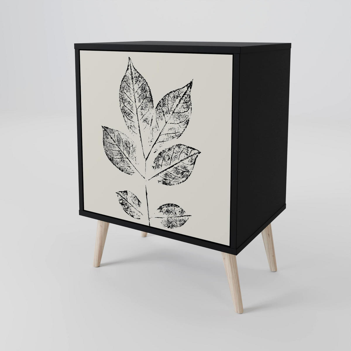 SIDEBOARD LEAFY STAMPS, Schwarz, 57,5x42x67,5 cm, Schwarze Metall-Rahmenfüße - Multicolor/Schwarz, Holzwerkstoff/Metall (57.5/67.5/42cm) - SpaceRebels