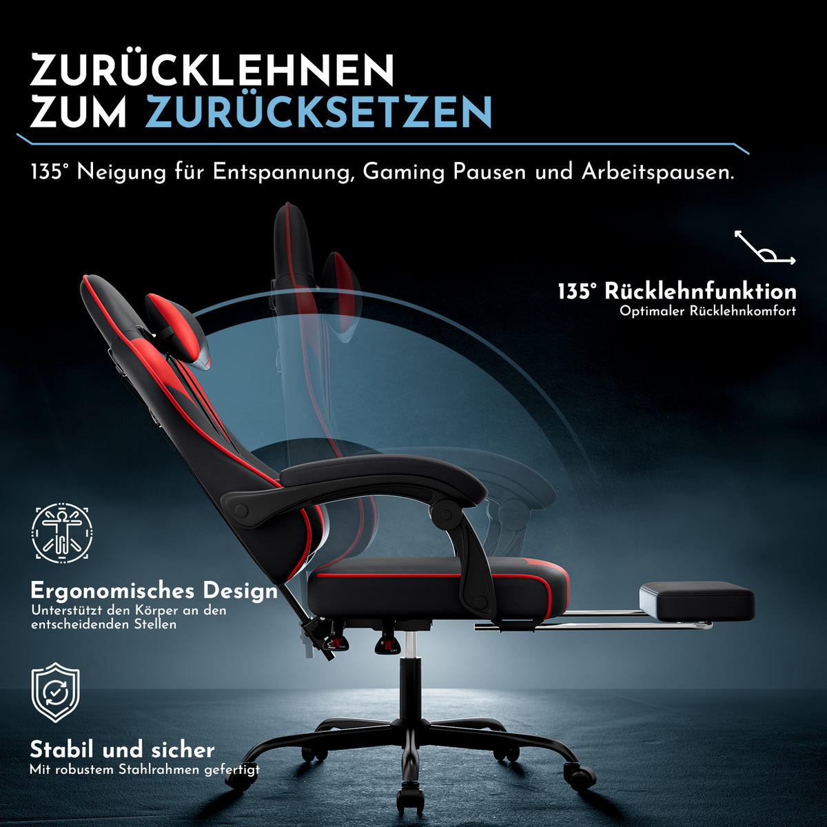 GAMINGSTUHL DE-40998 mit Lordosenstütze und Fußstütze Schwarz/Rot - Rot, Metall (58.5/120.5/63cm) - ComfortXL