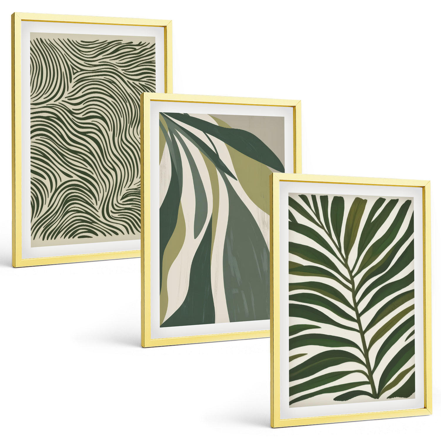 BILDER SET 3er Set - 40x60 cm Goldrahmen - Blätter mit wellenförmigen grünen Linien - Goldfarben, Kunststoff (40/60cm) - TULUP