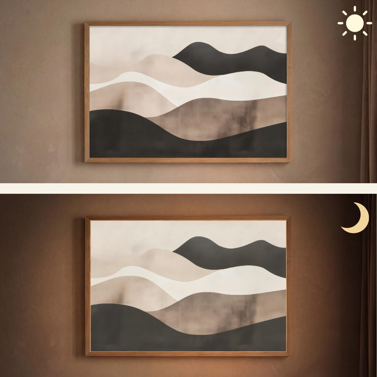 NÁSTĚNNÁ LAMPA S AKUMULÁTOREM Abstraktní - Krajina - Vlny - Krémová barva 90x60 cm - šedohnědá, kompozitní dřevo (90/60/8cm) - OnlyWow