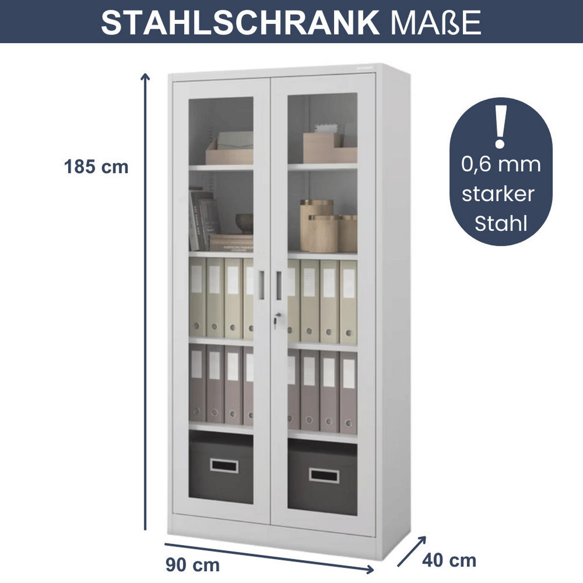 VITRINENSCHRANK abschließbar AMELIA mit Glastüren 185x90x40cm Grau - Grau, Metall (90/185/40cm) - Jan Nowak