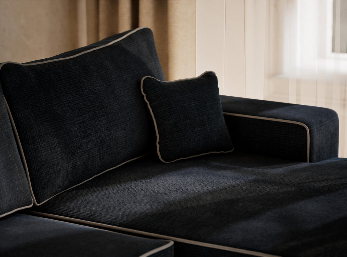 WOHNLANDSCHAFT Deseo Dunkelblau-Grau Chenille-Stoff - Schwarz/Dunkelblau, Holz/Holzwerkstoff (398/70/148cm) - Maison de Reve