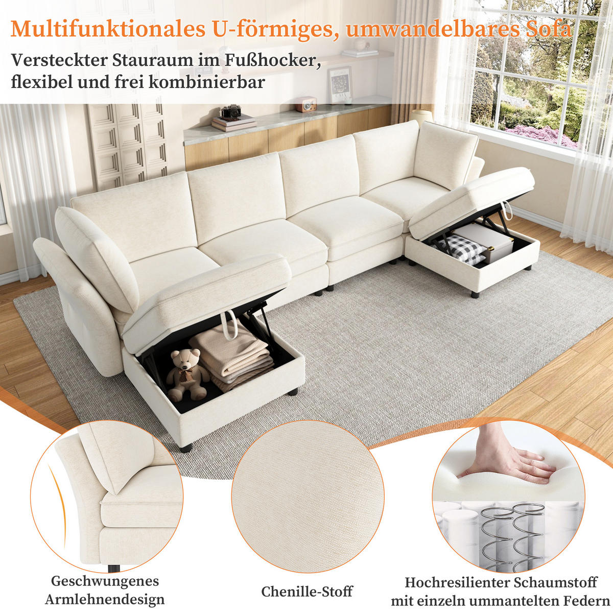 ECKSOFA mit 2 Stauraum-Hockern und Taschenfedern aus Chenille - Beige, Textil (289/137cm) - EVRYAE