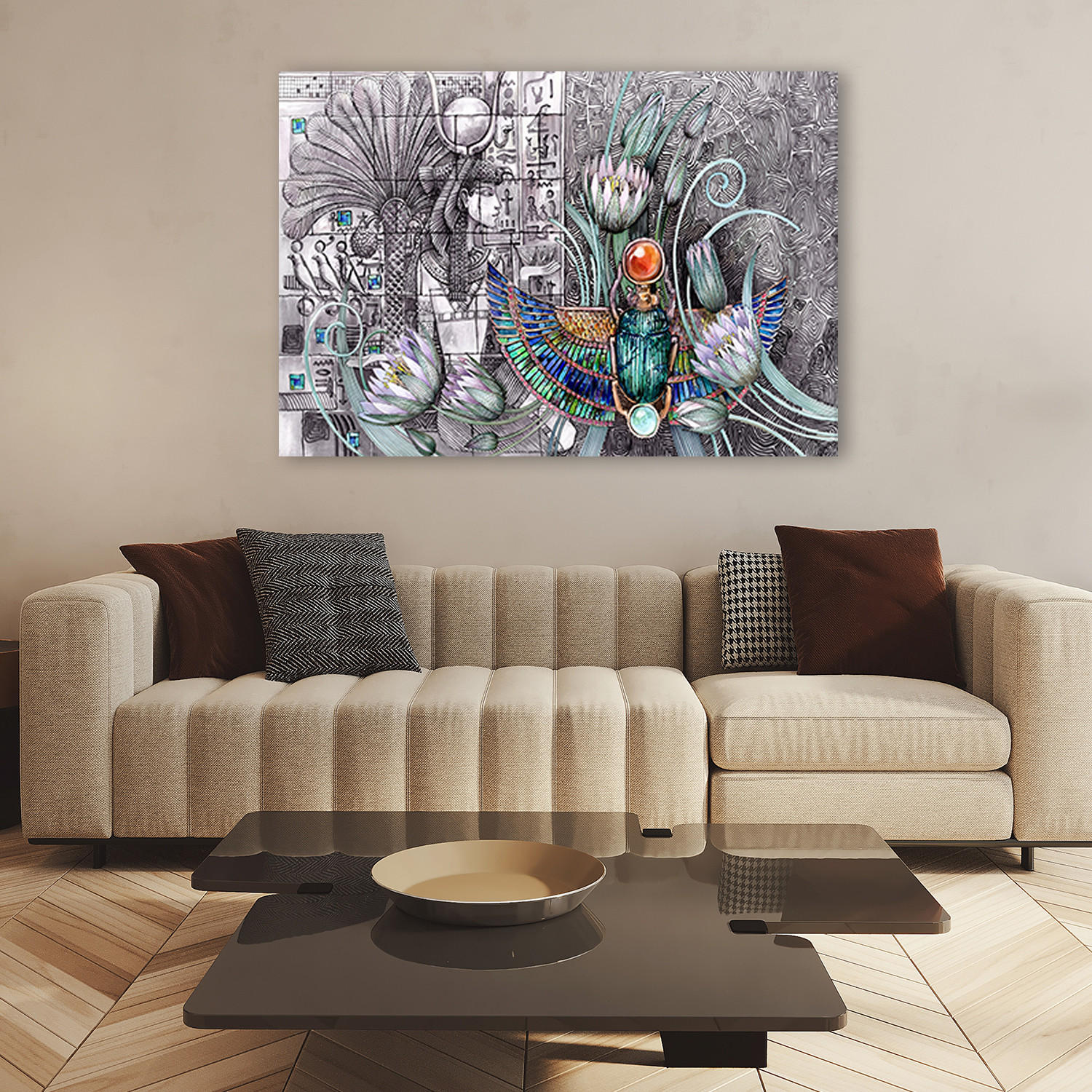 WANDBILD ägyptische hieroglyphen und skarablen - Silberfarben, Textil (60/40cm) - Feeby