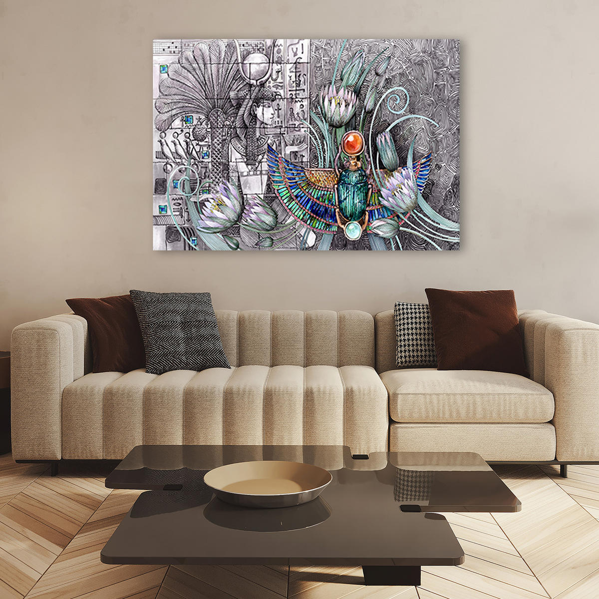 WANDBILD ägyptische hieroglyphen und skarablen - Silberfarben, Textil (60/40cm) - Feeby