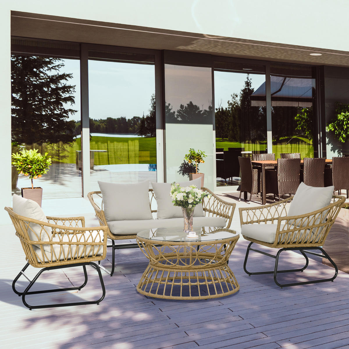 GARTENLOUNGE-SET Beige Kunststoffgeflecht 4-teilig mit Kissen und Tisch - Sandfarben, Holzwerkstoff - PANGIVO
