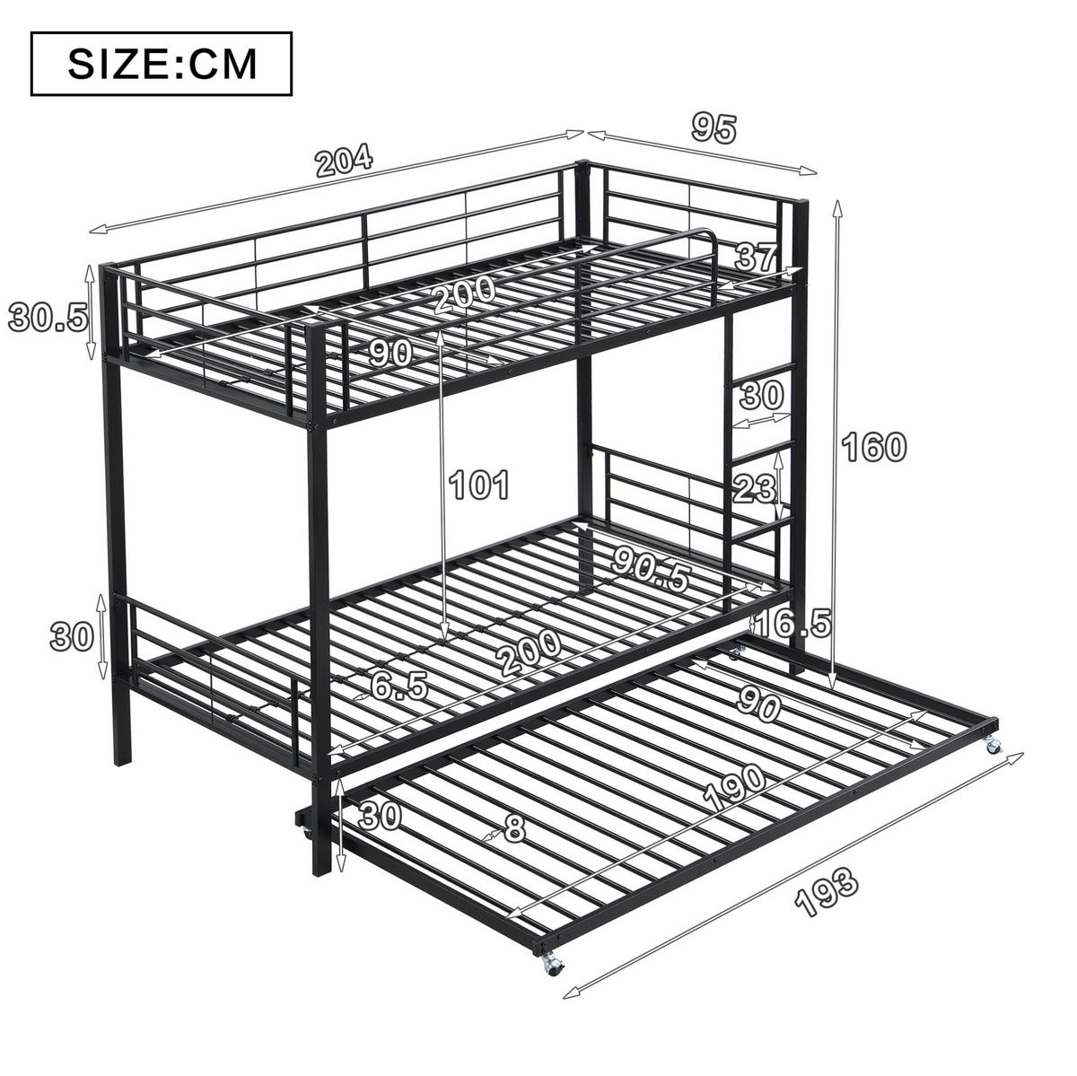 ETAGENBETT aus Metall 90x200 cm Schwarz mit Ausziehbett 90x190 cm und Leiter - Schwarz, Metall (90/190cm) - IVMEU
