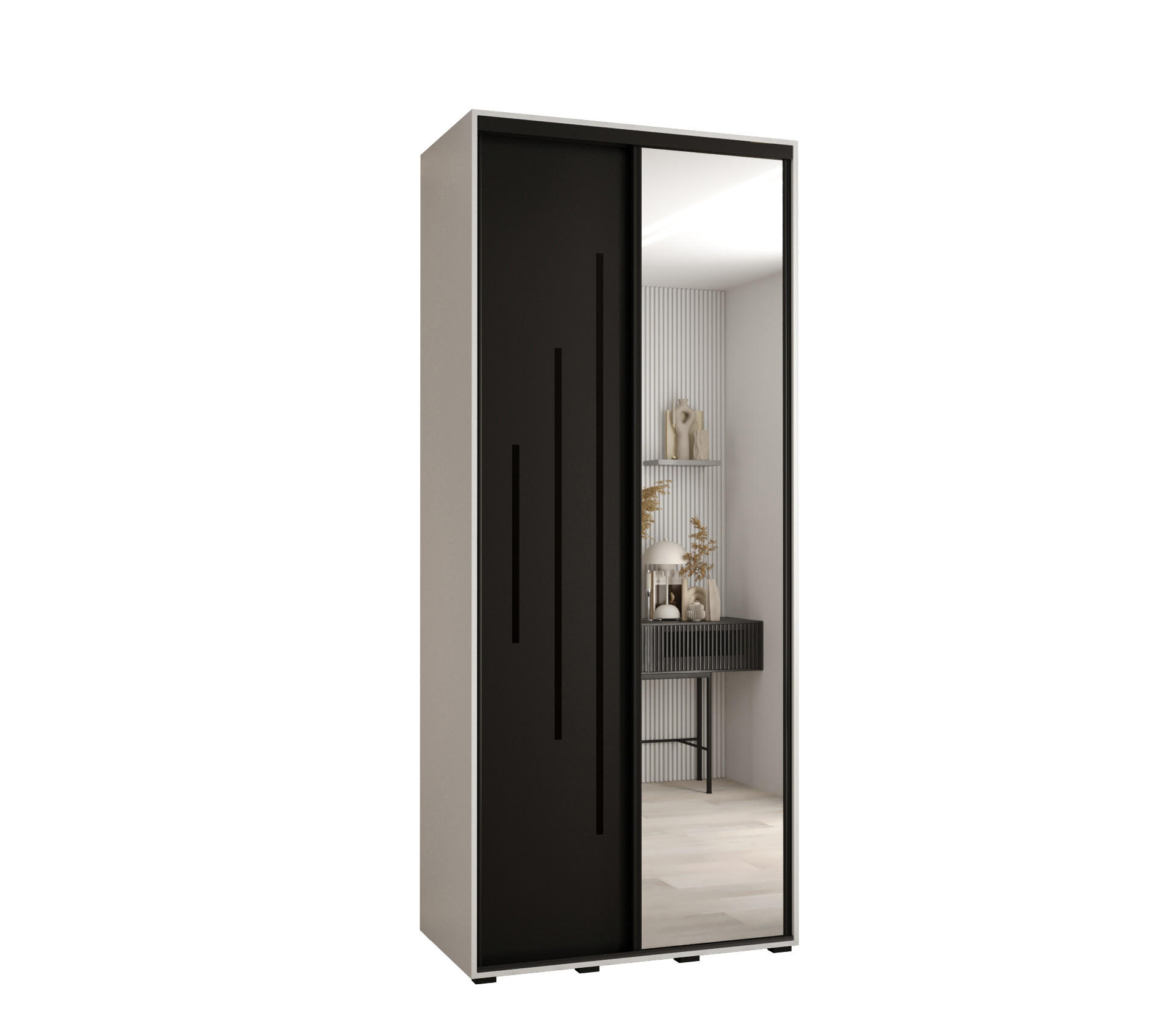 Abiks Möbel Schwebetürenschrank Weiß, Schwarz, Schwarz 110x235x45 cm