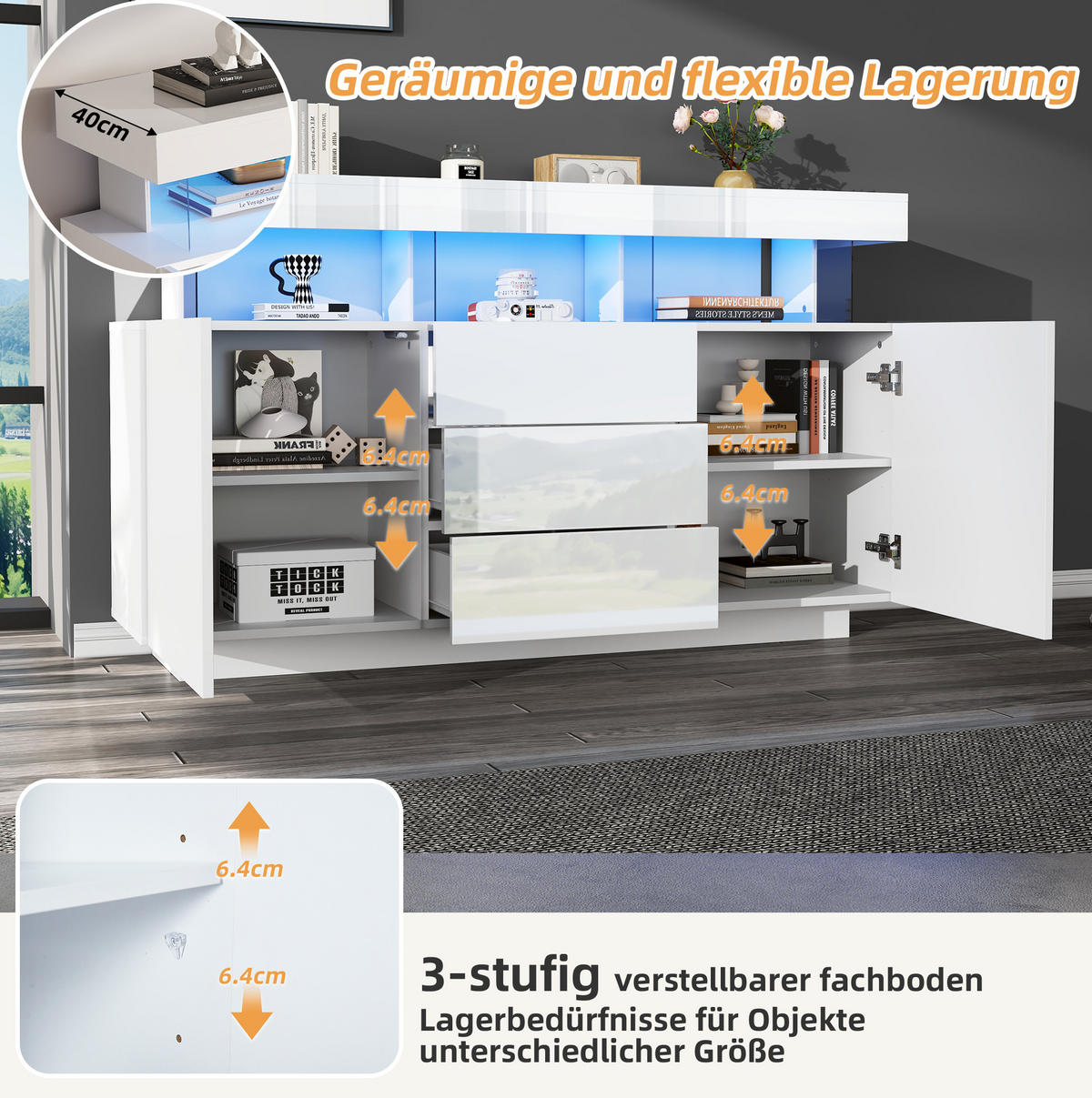 SIDEBOARD 140/35/80 cm weiß aus Spanplatte mit Acryl und LED - Weiß, Holzwerkstoff (140/80/35cm) - OKWISH