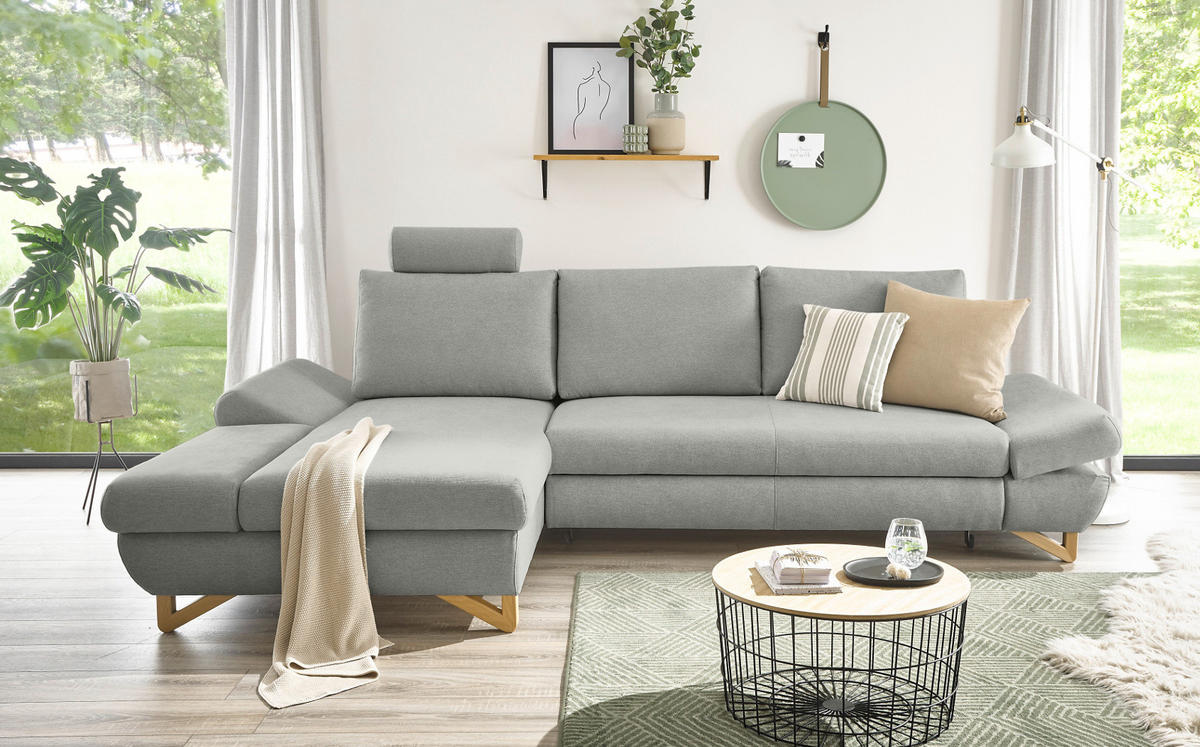 ECKSOFA hellgrau Velours, Sofa mit Bettfunktion und Stauraum 284 cm - Hellgrau, Holz/Textil (166/284cm) - Furn.Design