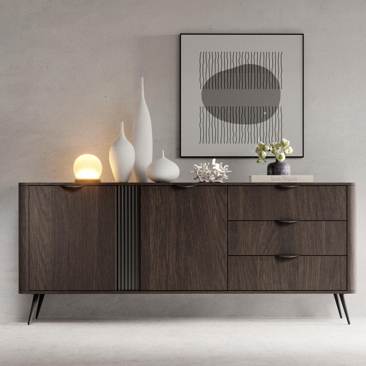 SIDEBOARD Terzo 2D 3S Eiche Dunin mit Rillendekor - Schwarz Metallfüße - Eichefarben/Schwarz, Holz/Holzwerkstoff (195/81/38cm) - Ravio