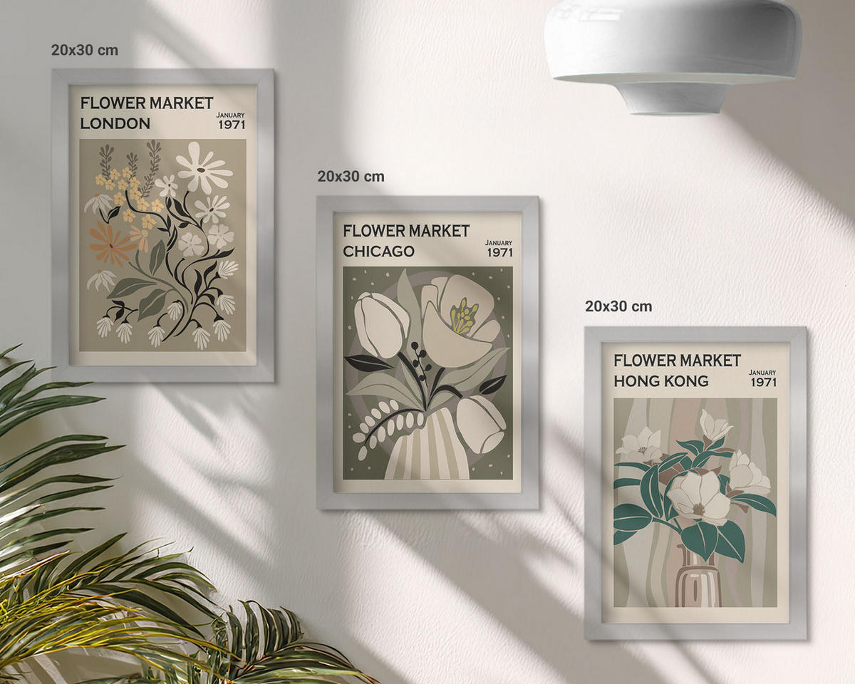 BILDER SET 3er Set - 20x30 cm Silberner Rahmen - Blumenmessen London Chicago Hongkong - Silberfarben, Kunststoff (20/30cm) - TULUP
