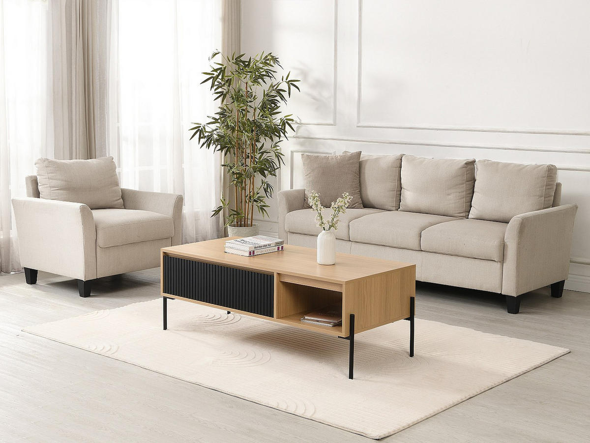 COUCHTISCH mit 1 Schublade & 2 Ablagefächern - Schwarz & Holzfarben hell - GLARODI - Schwarz, Holz (55/120/45cm) - Vente-Unique