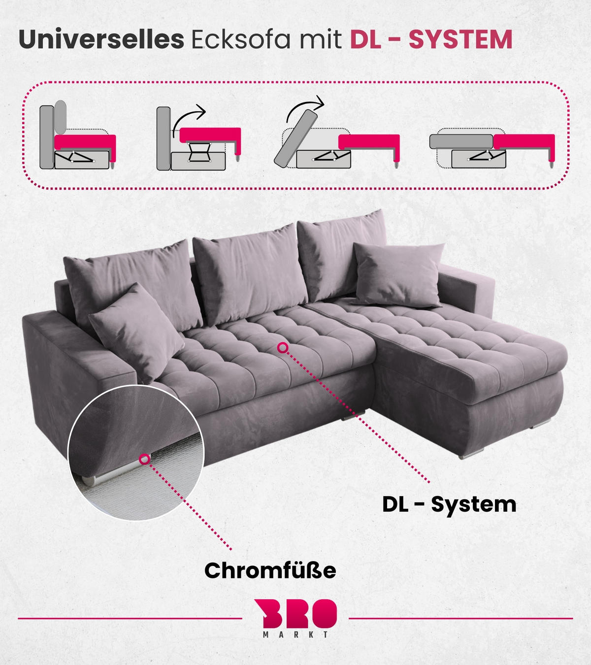 ECKSOFA Luis mit Schlaffunktion Puderrosa Samt - Silberfarben/Rosa, Kunststoff/Textil (148/238cm) - Bromarkt