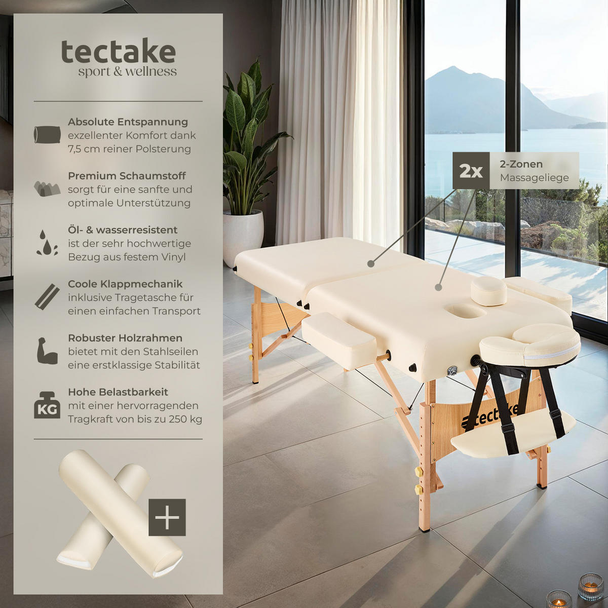 MASSAGELIEGE 2 Zonen, 220 x 83 x 87,5 cm,beige - Beige, Holz (59/65.5/187cm) - tectake