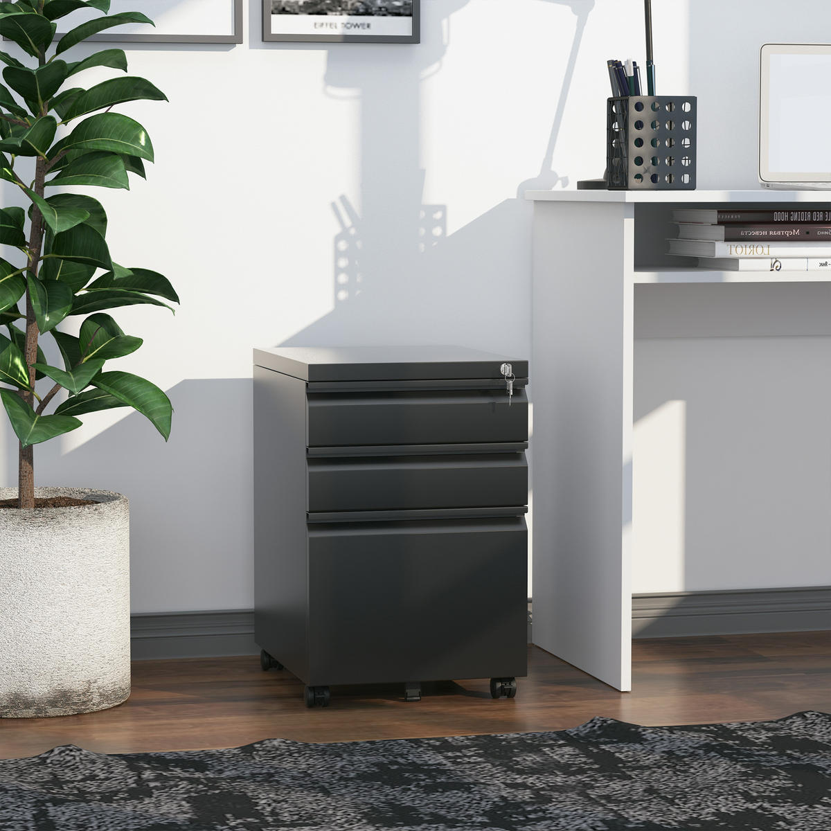 AKTENSCHRANK mit Rädern, konkavem Griff, für Home-Office, Stahl, Schwarz - Schwarz, Metall (48/60/39cm) - Vinsetto