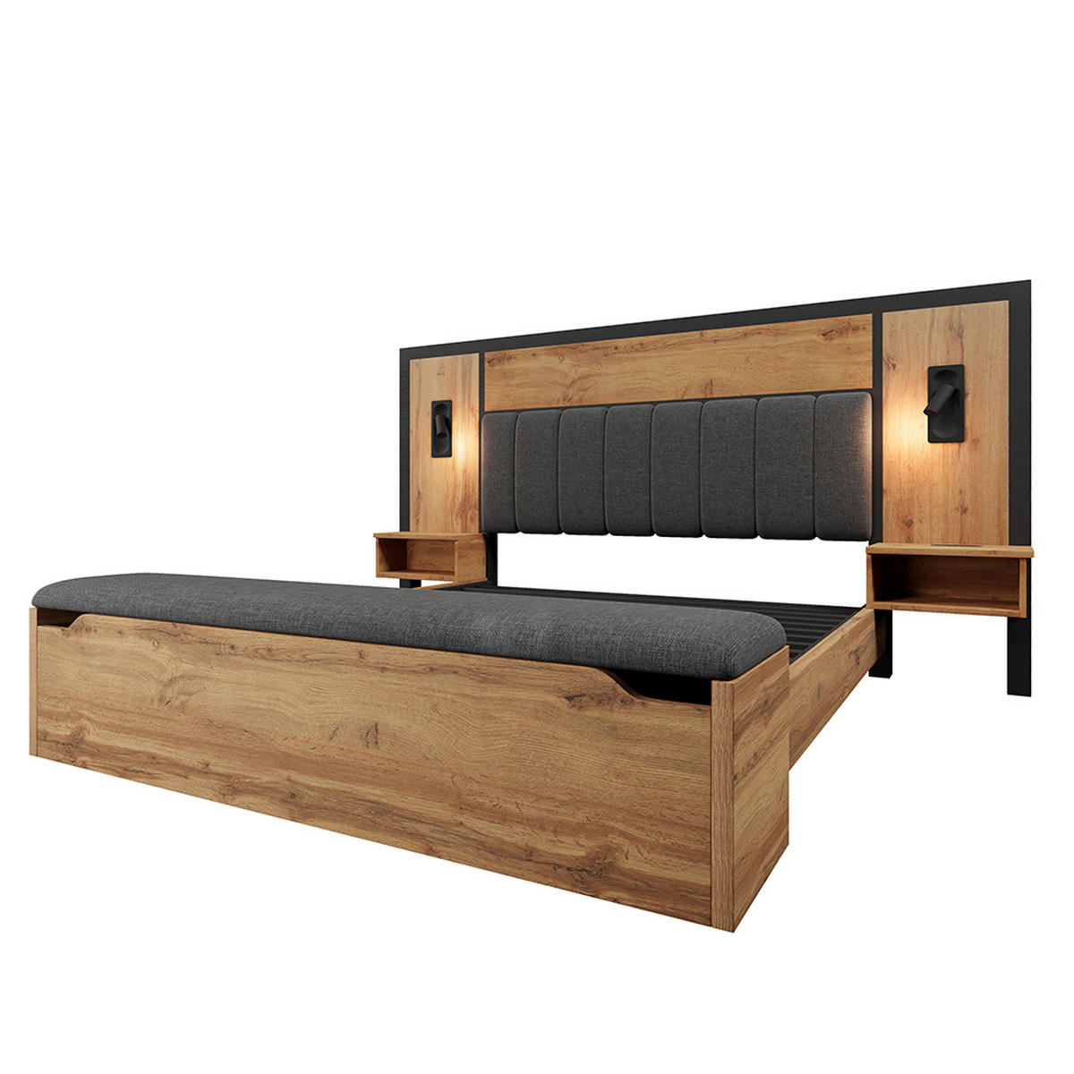DOPPELBETT 180×200 cm mit Leselampe und USB C in Eiche - Wildeiche, Holz (180/200cm) - KOMHTOM