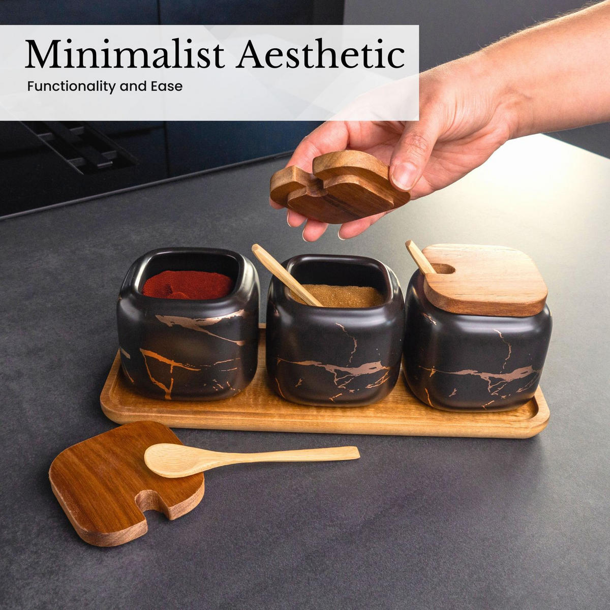ZUCKERDOSE Vorratsdose mit Deckel Löffel Holztablett (3er-Set) - Schwarz, Keramik (8.5/11.5cm) - Intirilife