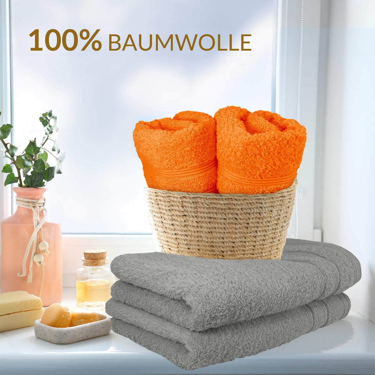 HANDTUCH Set London 8-teilig, 2x Duschtuch 70x140 + 2x Handtuch 50x100 + 2x Gästetuch 30x50 + 2x Waschlappen 30x30 Grau - Orange - Orange/Grau, Textil (70/140cm) - Lashuma