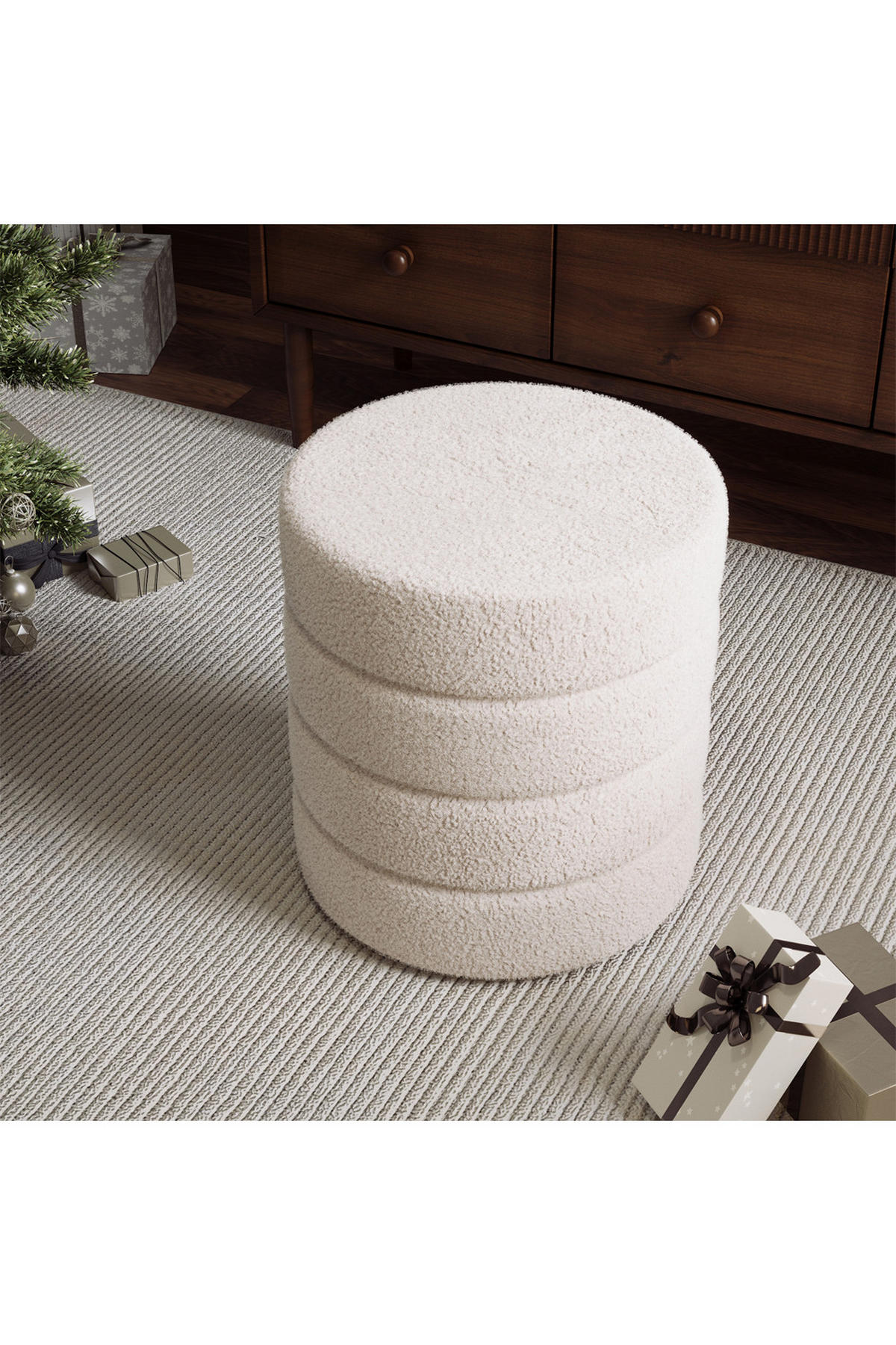 FUSSHOCKER mit 25D-Schaumstoff Zylindrisch Teddystoff in Weiß Bodenschonend Vielseitig Einsetzbar 42 x 42 x 46 cm - Weiß, Textil (42/46/42cm) - Livingandhome