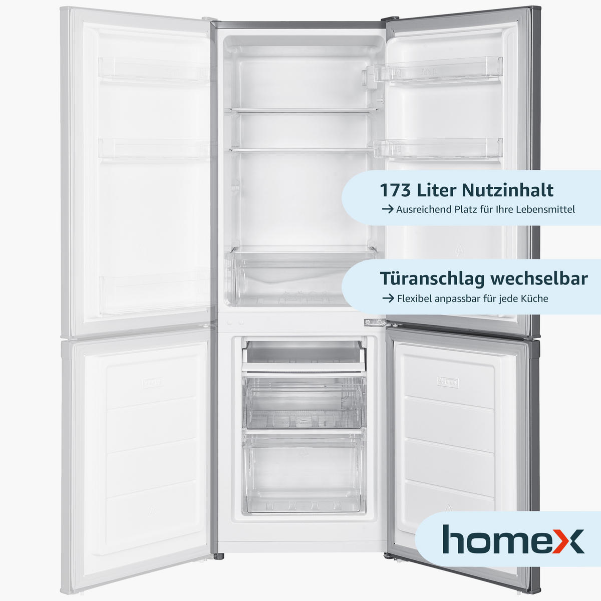 KÜHL-GEFRIER-KOMBINATION, freistehend, 173 Liter Nutzinhalt, 4-Sterne Gefrieren, Höhe 142,5 cm, 40 dB, Kühlschrank mit Gefrierfach groß, CFS1110-S - Silberfarben, Glas/Kunststoff (49.5/142.5/56cm) - homeX
