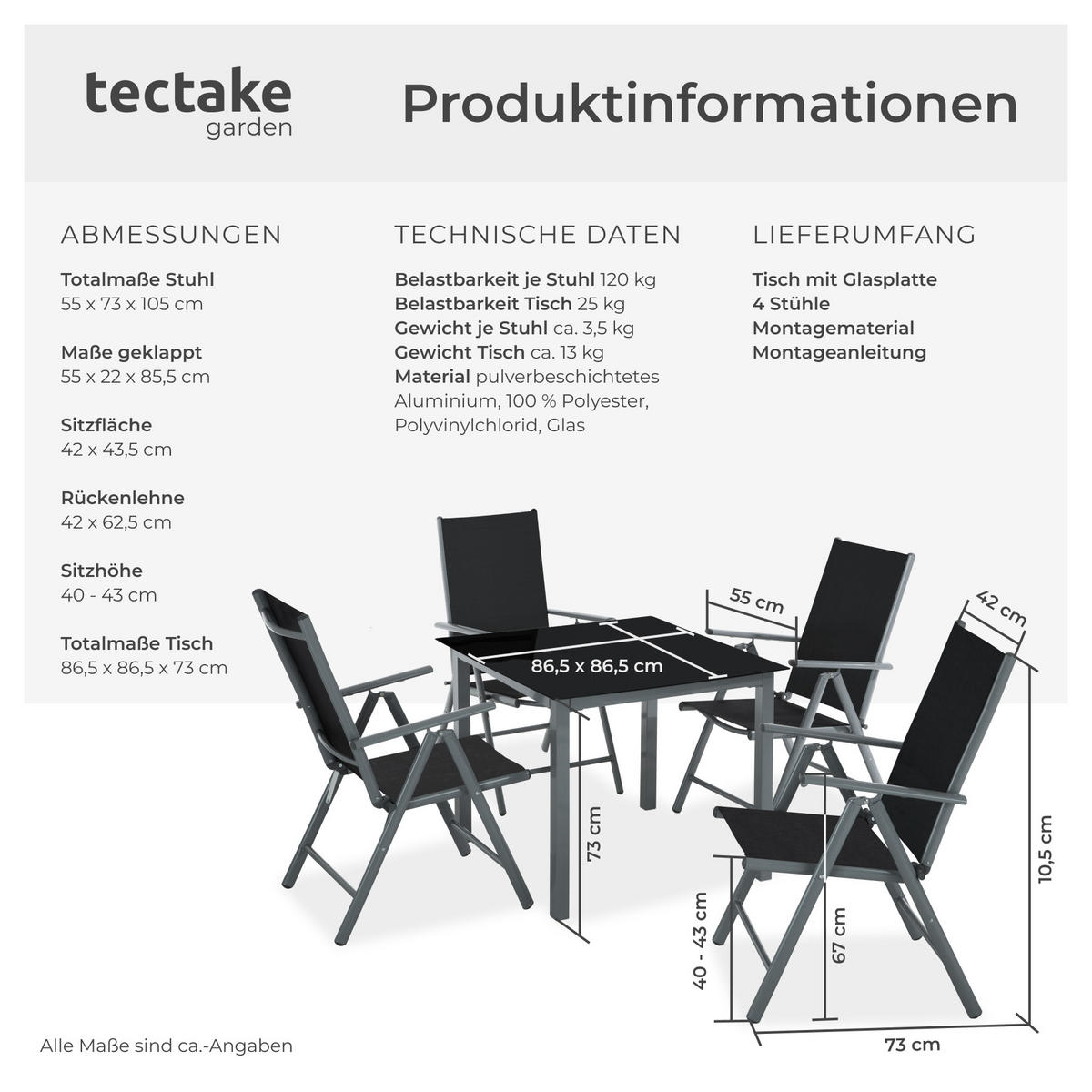 SITZGRUPPE Stabia,Tisch mit Sicherheitsglasplatte und Ausgleichsschrauben,anthrazit - Anthrazit, Naturmaterialien/Kunststoff - tectake