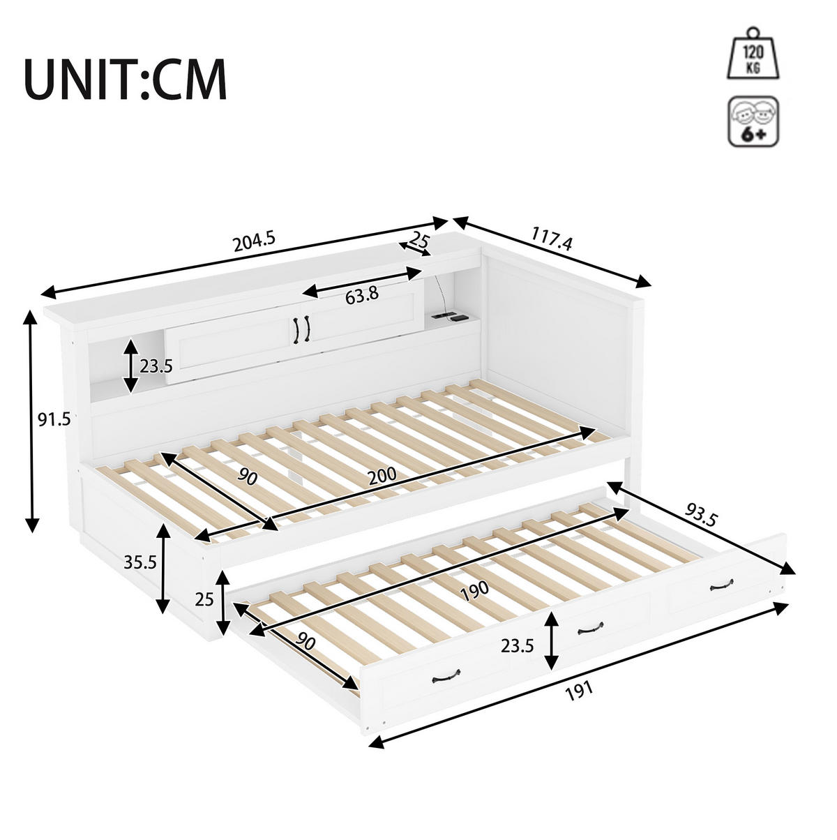 BETT 90/200 cm Weiß mit Ausziehbett, LED-Beleuchtung und USB - Weiß, Holzwerkstoff (90/200cm) - Flora Grace