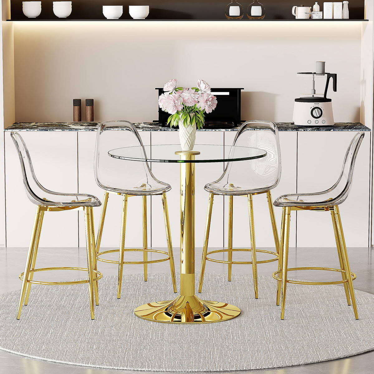 BARTISCH-SET DE-39404 5-teilig, Glastisch und 4 Hocker Transparent/Gold - Goldfarben, Metall (89/92/89cm) - ComfortXL
