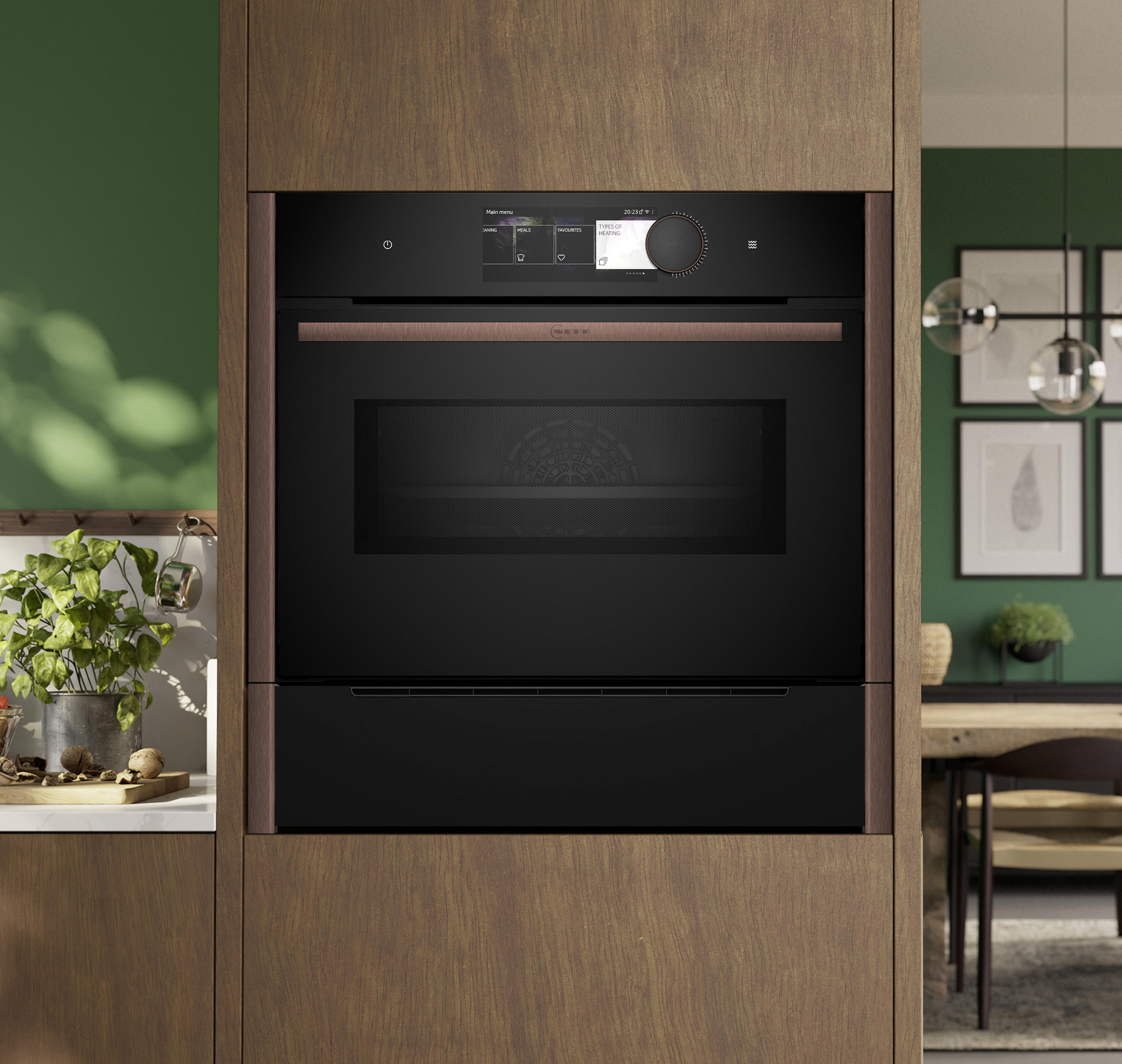 Stilvolle Holzküche mit Nahaufnahme von modernem NEFF-Backofen mit Pyrolyse-Selbstreinigung.