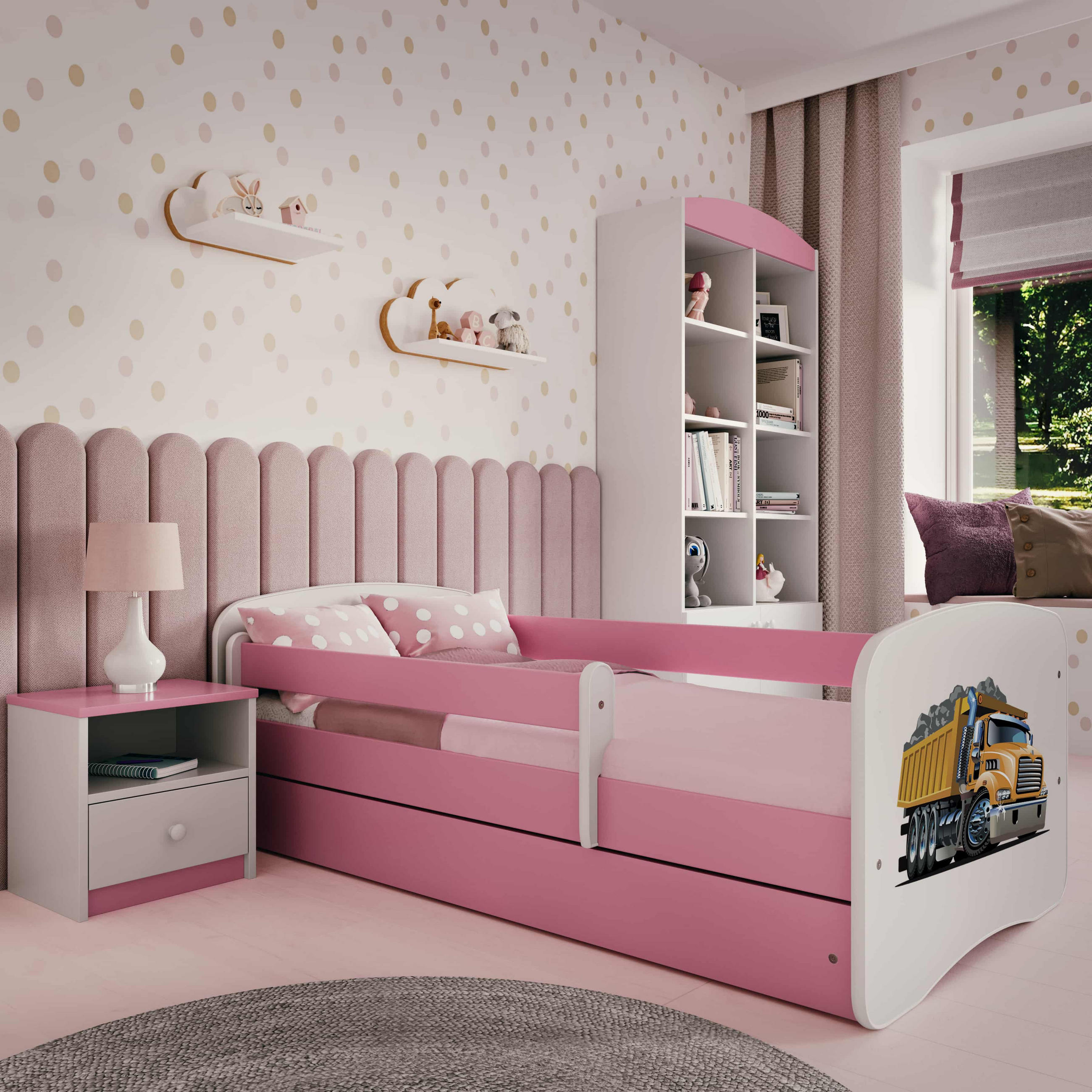 KINDERBETT Lastwagen 70x140 cm mit Schublade, Rausfallschutz & Lattenrost, Rosa - Rosa, Holzwerkstoff (70/140cm) - RAUMHIRSCH FURNITURE