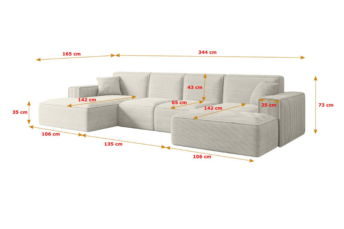 WOHNLANDSCHAFT SIERRA-U - 344x165x73 cm Hellgrau Cord - Hellgrau/Schwarz, Holzwerkstoff/Kunststoff (344/73/165cm) - ALTDECOR