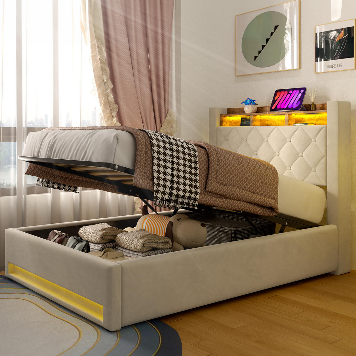 POLSTERBETT aus Samt 90x200 cm Beige mit Stauraum-Kopfteil und LED-Lichtleiste - Beige, Textil (90/200cm) - Modfu