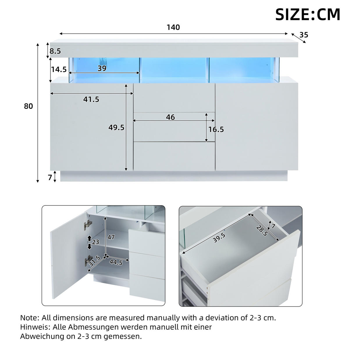SIDEBOARD 140/35/80 cm z dřevotřísky bílá, s LED osvětlením a 3 zásuvkami - bílá, kompozitní dřevo (140/80/35cm) - Modenvie
